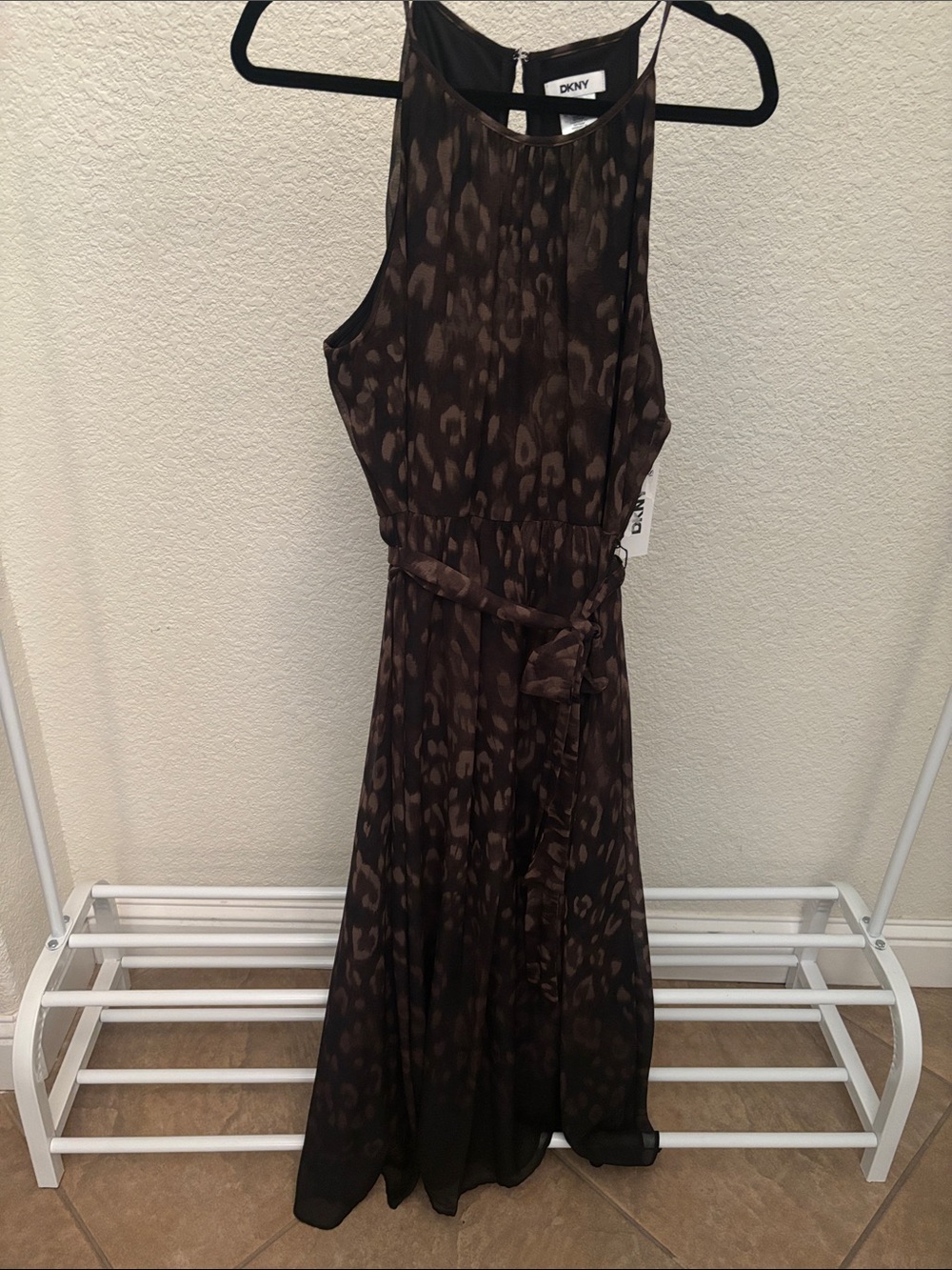 Dkny Brown Printed Sleeveless Maxi Dress with Belt